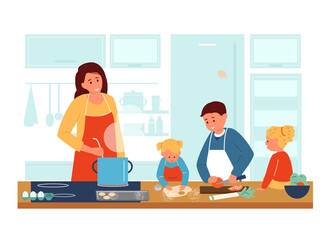 Mother cooking with children in kitchen. Kids in aprons helping mother to make dinner. Family activities. Flat vector illustration.