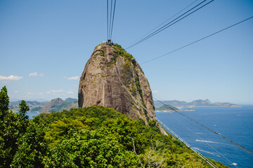 Climbing Sugar Loaf mountain on cableway.  view of the neighboring beach on the Atlantic coast and...