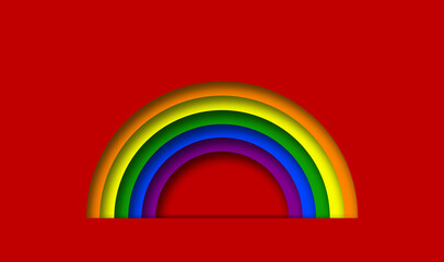 Rainbow shape layered paper cut illustration. LGBTQ icon in red background
