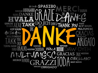 Danke (Thank You in German) word cloud background in different languages