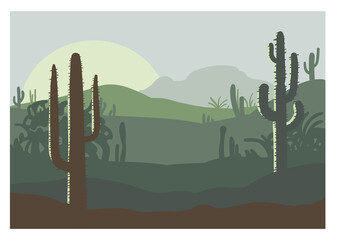 Vector landscape with cacti. Colored background and objects.