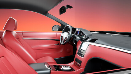 Obraz na płótnie Canvas red leather interior of luxury black sport car . realistic 3d rendering.