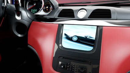 Fototapeta na wymiar red leather interior of luxury black sport car . realistic 3d rendering.