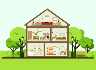 House in a cut. Detailed modern home interior. rooms with furniture. flat vector illustration