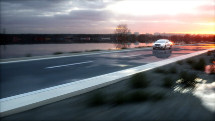 Fototapeta na wymiar Luxury white car on highway, road. Very fast driving. Wonderfull sunset. Travel and motivation concept. 3d rendering.