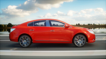 Fototapeta na wymiar Luxury red car on highway, road. Very fast driving. Travel and car concept. 3d rendering.