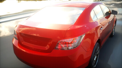 Fototapeta na wymiar Luxury red car on highway, road. Very fast driving. Travel and car concept. 3d rendering.