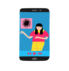 Young caucasian woman on cell phone display talking about coronavirus news. Social media concept. Watching breaking news. Female talk show host. Flat style drawing. Trendy stock vector illustration.