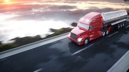 Fototapeta na wymiar Gasoline tanker, Oil trailer, truck on highway. Very fast driving. 3d rendering.