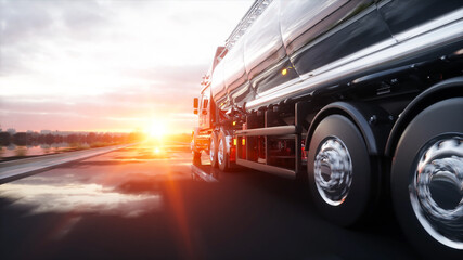 Gasoline tanker, Oil trailer, truck on highway. Very fast driving. 3d rendering. - obrazy, fototapety, plakaty