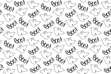 Fototapeta na wymiar Seamless pattern of ghosts in doodle style. Horror creatures. Halloween party symbols. Can be used for scrapbook digital paper, textile print, wallpaper. Vector hand drawn illustration.