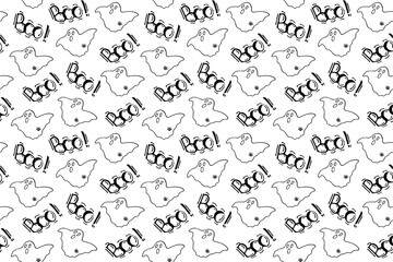 Seamless pattern of ghosts in doodle style. Horror creatures. Halloween party symbols. Can be used for scrapbook digital paper, textile print, wallpaper. Vector hand drawn illustration.