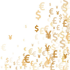 Euro dollar pound yen gold symbols scatter money vector background. Investment backdrop. Currency 