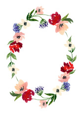 Watercolor Flowers blossom frame and card on white background.