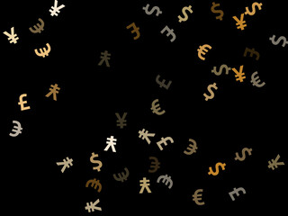 Euro dollar pound yen metallic signs flying money vector background. Forex pattern. Currency tokens 