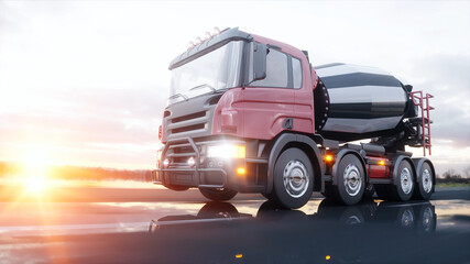 Plakat Concrete mixer truck on highway. Very fast driving. Building and transport concept. 3d rendering.