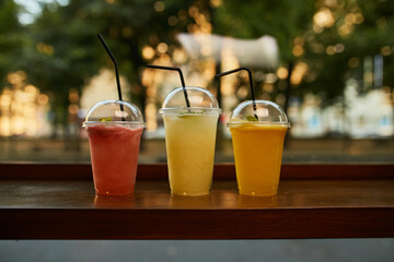 Refreshing cocktails and smoothies. Summer mood. Cocktail close-up with fresh fruits and berries.