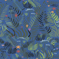 Fototapeta na wymiar Tropical colorful background with leaves. Seamless fashion floral pattern.