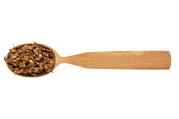 Dried Castanea flowers in a wooden spoon on a white background. Phytotherapy and disease prevention. Herbal collection for medicinal tinctures. Herbal tea in folk medicine. The view from the top