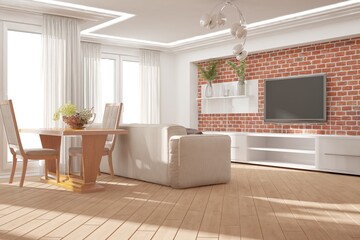 modern room with sofa,tv set,cupboard,curtains,table,chairs interior design. 3D illustration