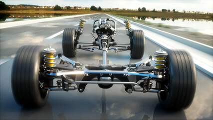 Obraz na płótnie Canvas Car chassis with engine on highway. Very fast driving. Auto concept. 3d rendering.