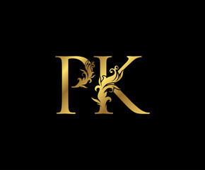Vintage Gold P, K and PK Letter Floral logo. Classy drawn emblem for book design, weeding card, brand name, business card, Restaurant, Boutique, Hotel.
