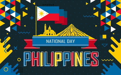 Banner for National independence day of Philippines. Abstract retro design with philippines flag colors & landmarks like mayon volcano & intramuros. 