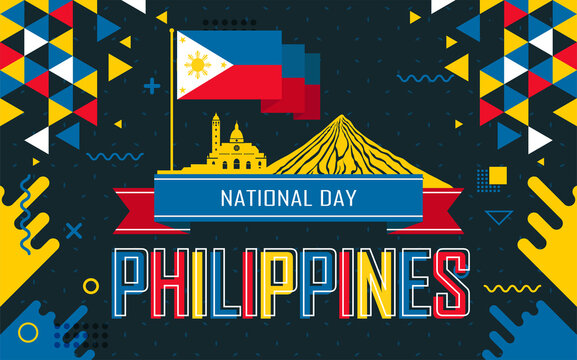 Banner for National independence day of Philippines. Abstract retro design with philippines flag colors & landmarks like mayon volcano & intramuros. 