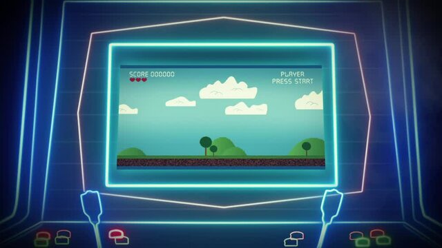 Arcade gaming machine with fictional two-dimensional jump and run game. Gaming channel intro - Arcade hall