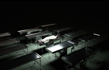 cadaver, dead male body in morgue on steel table. Corpse. Autopsy concept. 3d rendering.