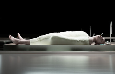 Smoking kills. dead male body in morgue on steel table. Corpse. Autopsy concept. 3d rendering.