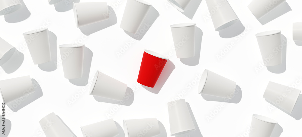 Poster minimal creative composition for beverage and cafe concept. red and white coffee paper cup on white 