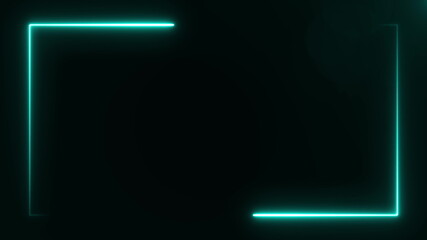 Two azure neon lighting lines on black background which constitute rectangle frame over the screen edge. Abstract computer generated backdrop 3D rendering 4k video.