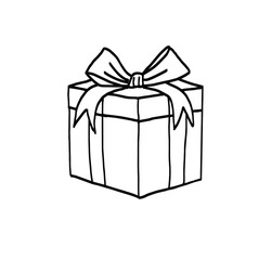 Gift box icon in doodle sketch lines. Prize birthday Christmas holiday. Coloring.  . Vector illustration on white background. For cards, posters, stickers  and professional design.
