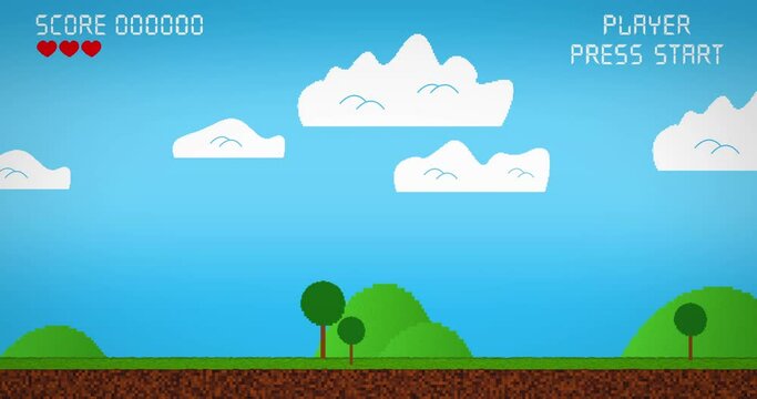 Two-dimensional retro arcade jump and run game background loop - classic game backdrop animation