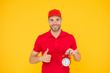 Timeliness guarantee. Promptness and punctuality. Delivery time. Delivery courier with clock....