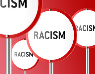 Road Traffic Signs With Racism Bans and Forbiddances. Creative Collage. Tolerance and Social...