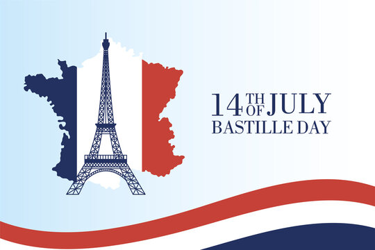 bastille day celebration card with eiffel tower and france map