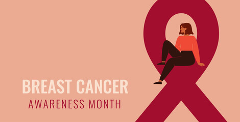 Breast cancer awareness and prevention month banner. Young woman sits on a big pink ribbon. The concept of support and solidarity with women fighting oncological disease. Vector illustration
