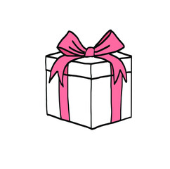 Gift box icon in doodle sketch lines. Prize birthday Christmas holiday. Coloring.  . Vector illustration on white background. For cards, posters, stickers  and professional design. 