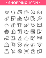 Grocery shop collection. Vector set of line thin online shopping, E-commerce icons with payment, mobile shop, wallet, sale, gift box and tags symbols. Icons for m-commerce, delivery, websites and apps
