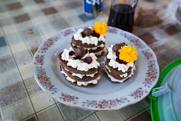 Tasty dessert decorated with chocolate and flowers