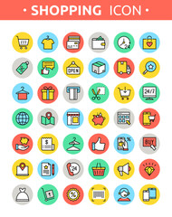 Vector set of line colorful online shopping, E-commerce icons with payment, mobile shop, wallet, sale, box and tags symbols. Icons for m-commerce, delivery, websites and apps. Grocery shop collection