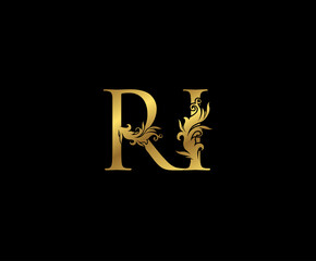 Vintage Gold R, I and RI Letter Floral logo. Classy drawn emblem for book design, weeding card, brand name, business card, Restaurant, Boutique, Hotel.