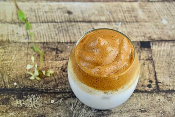 Iced Dalgona Coffee. Trend Korean Drink Creamy Whipped Iced Coffee