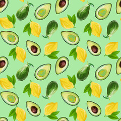Bright vegetarian Fruit Painted Seamless Pattern hand-drawn in gouache avocado and lemon on light grren background. Design for textiles, packaging, fabrics, menus, restaurants