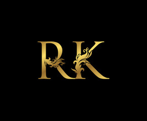 Vintage Gold R, K and RK Letter Floral logo. Classy drawn emblem for book design, weeding card, brand name, business card, Restaurant, Boutique, Hotel.