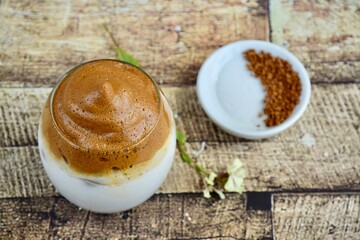 Iced Dalgona Coffee. Trend Korean Drink Creamy Whipped Iced Coffee