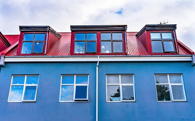 Red Blue Corrugated Iron House Street Reykjavik Iceland