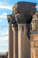 Columns of the ancient Zvartnots temple close-up, a landmark of Armenia